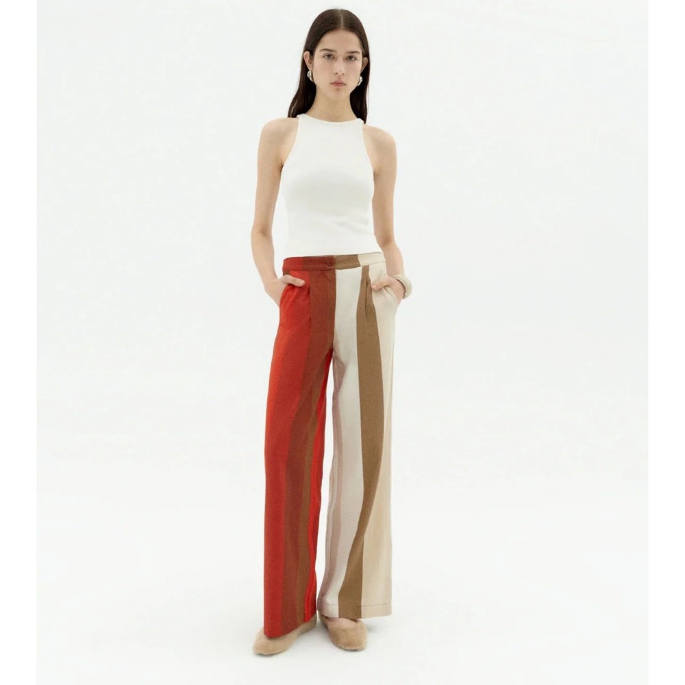 Thinking MU Manolita Sandfire Multicolor Stripe Wide Leg Pants 100% Cotton 36
